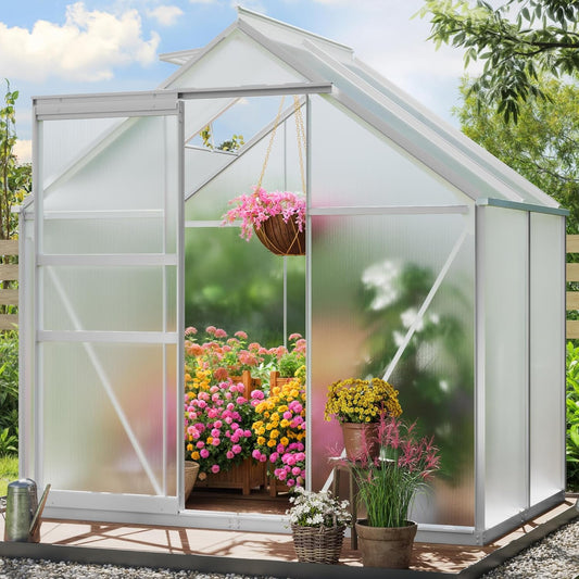 YITAHOME 6x4FT Polycarbonate Greenhouse Heavy Duty Green Houses Outdoor Aluminum Greenhouses with Sliding Doors Vent Window Walk-in Greenhouse Large Sun House for Garden Backyard, Sliver