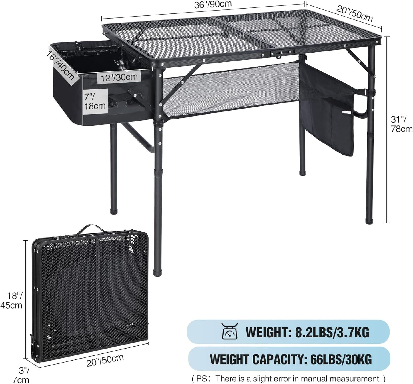 RedSwing Portable Grill Table with Sink for Outside, Aluminum Frame Folding Grill Stand Table for Outdoor Camping Picnic BBQ, Lightweight Adjustable Height, 36 x 20 x 31 Inches, Black