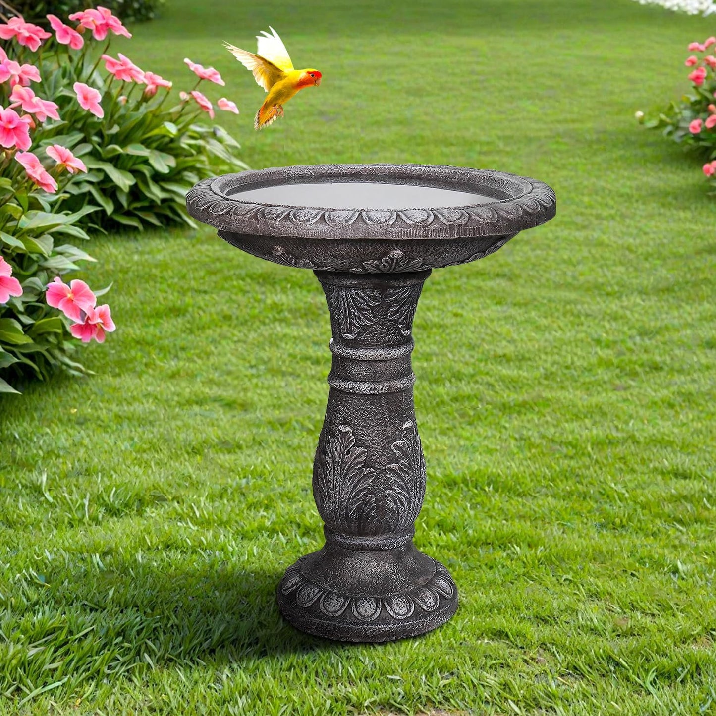 SunJet 24.4” H x 20” Dia Outdoor Birdbath with Intricate Floral Carvings Pedestal - Fibre Reinforced Concrete Birdbaths, Vintage Design for Garden Decor & Bird Attraction