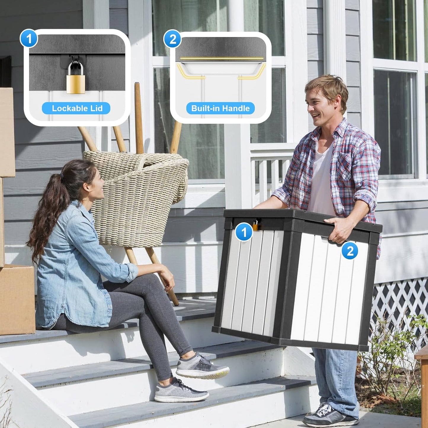 DRATO 50 Gallon Deck Box, Outdoor Storage Box for Patio Cushion, Sports Equipment, Garden Tools, Waterproof Patio Storage box, Lockable (Black and White)