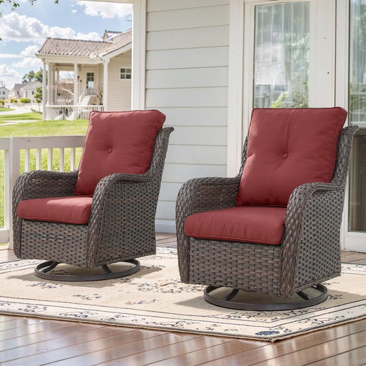Outdoor Swivel Rocker Patio Chairs - 360 Degree Swivel Glider Seating Wicker Rocking Chairs Set of 2 with High Back Deep Seat for Porch Balcony Deck, Brown/Red
