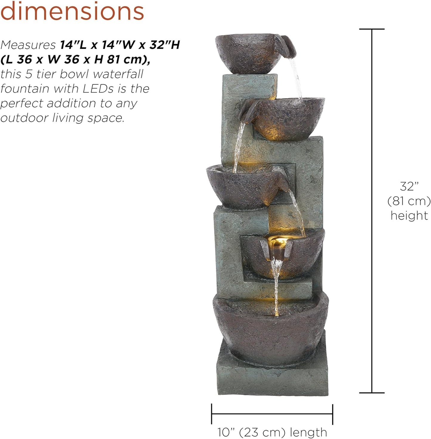Alpine Corporation TZL390 Elegant Outdoor 5 Tier Bowls Waterfall Fountain with LED Lights for Garden, Patio, Yard, and Outdoor Spaces, Relaxing Cascading Fountain, 39" H, Gray