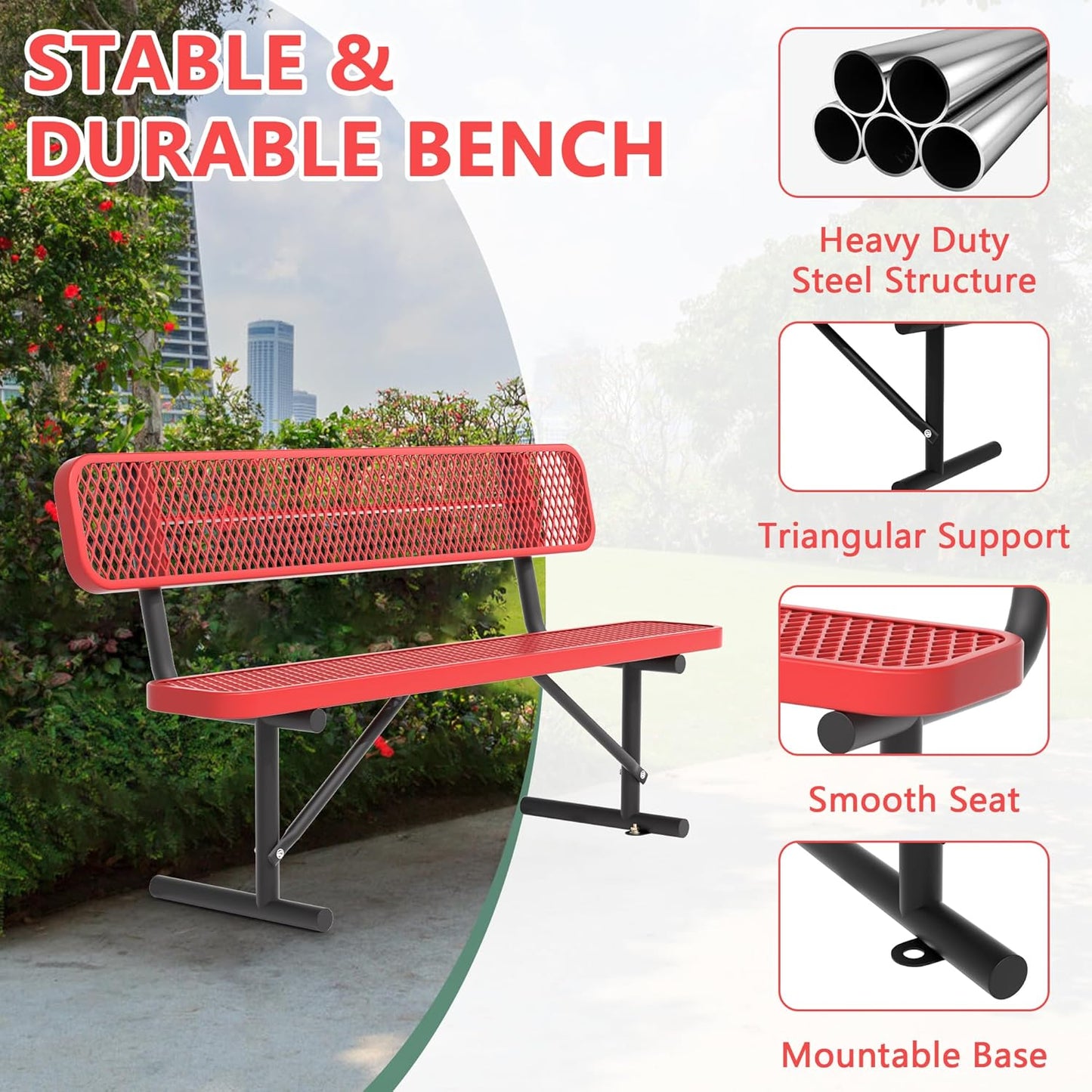 6FT Park Bench for Outside, Heavy-Duty Garden Bench W/ Back, Red Outdoor Metal Bench for Sitting Area, Commercial Bench for School Patio Porch Backyard Sports Church Locker Room Shopping Centers