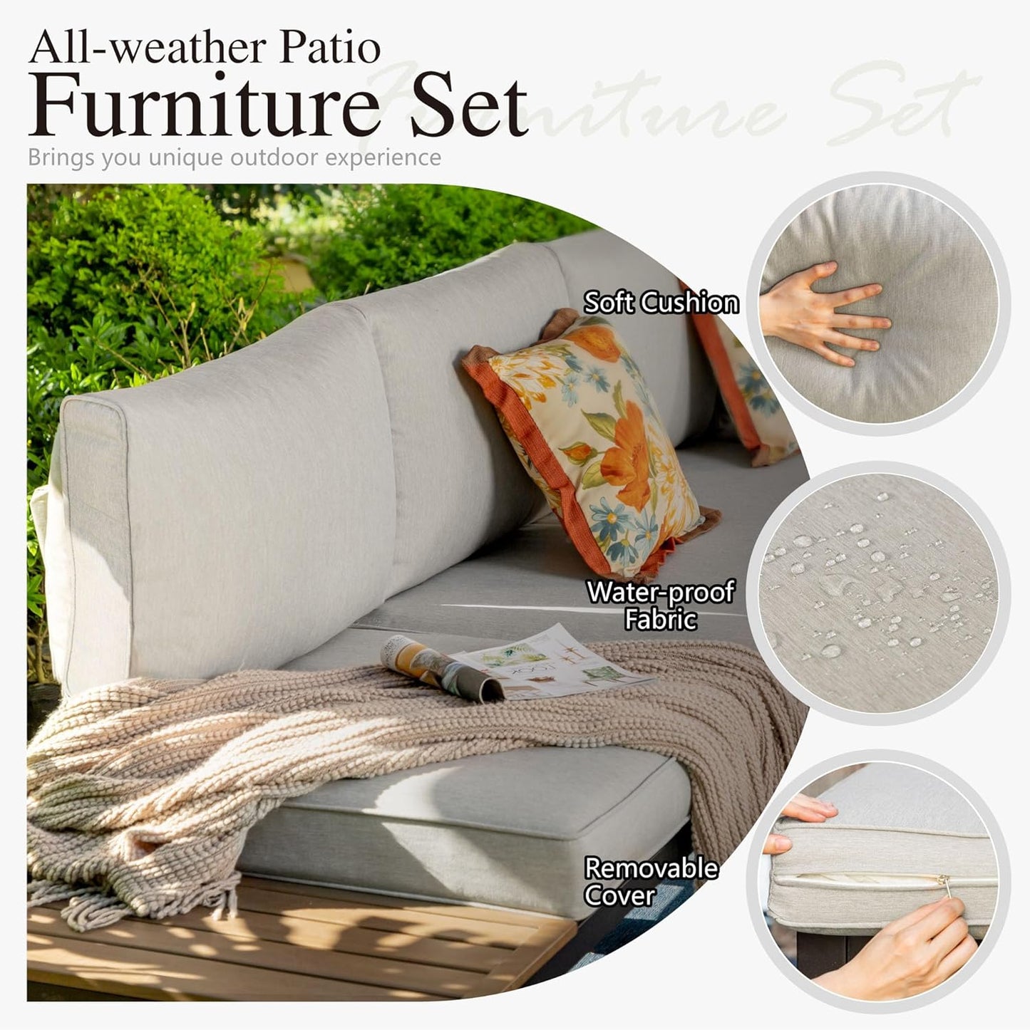 Sophia & William 6 Pieces Outdoor Patio Furniture Set, Metal Sectional Sofa Set Patio Conversation Set-2 x Single Sofa with Side Table,1 x Loveseat,2 x Single Couch,1 x Tea Table(Beige Grey)