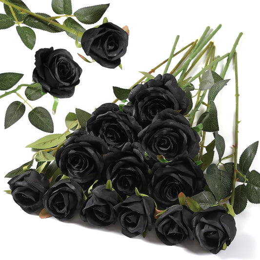 Hawesome 12PCS Artificial Silk Flowers Realistic Roses Bouquet Long Stem for Home Wedding Decoration Party (Black-1)