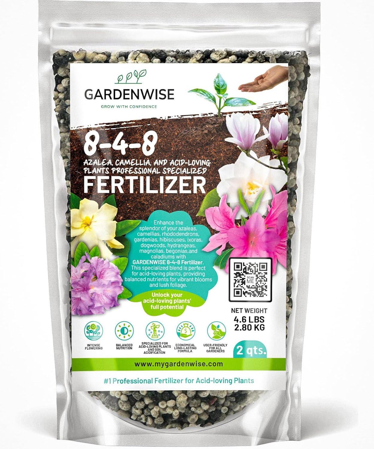 8-4-8 Acidic Fertilizer for Azaleas, Camellias (Camelia), Hydrangeas, Blueberries, Gardenias, Magnolia Trees, Evergreens, and Rhododendrons - Ideal Iron-Rich Plant Food (2 QUARTS)
