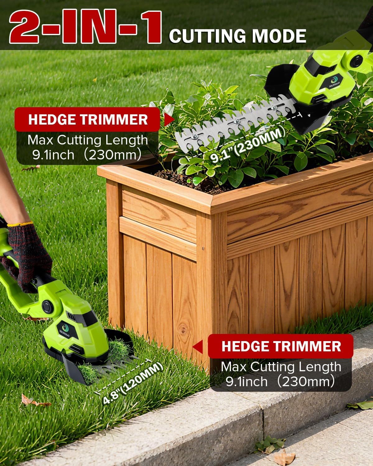Cordless Hedge Trimmer，2-in-1 Hedge Trimmer，Cordless Grass Shear & Shrubbery Trimmer with Dual-Action Blade Cutting Capacity,Hedge Shear with 2 PCS Rechargeable Battery and Charger for Garden,Lawn