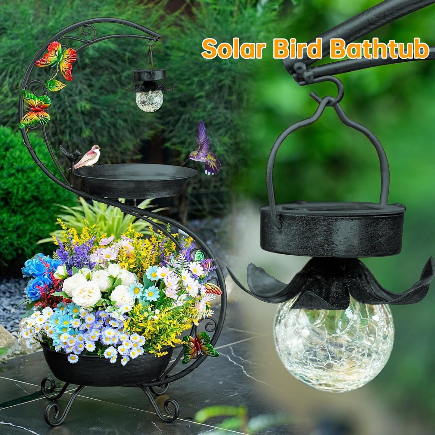 Bird Bath for Outside with Solar Lamp, 36" Birdbaths for Outdoors with Planter Flower Pot, Metal Bird Bath Bowl for Garden Yard Decor (All Black)
