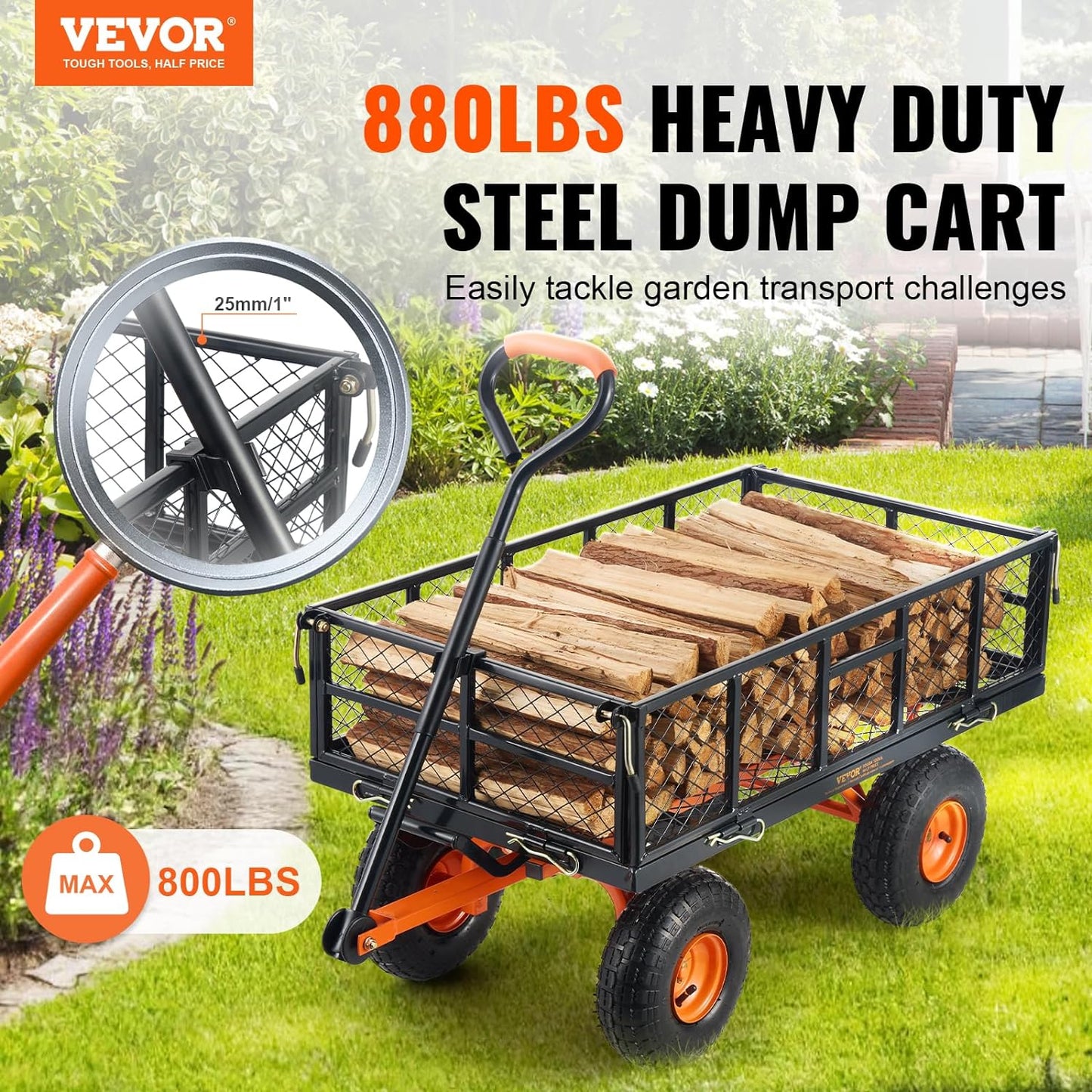 VEVOR 880lbs Steel Garden Dump Cart Utility Wagon, Heavy Duty Yard Dump Wagon Cart with Removable Sides, Pullable Handle, Utility Liner, 10in All Terrain Wheels