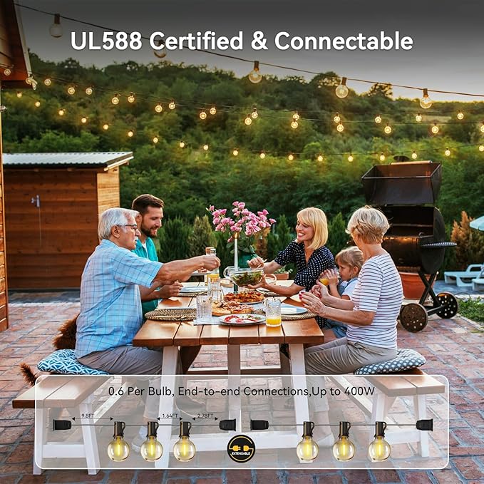 XURISEN Outdoor String Lights with Dimmer, 98FT LED Patio Lights for Outside with 52 Shatterproof G40 Globe Bulbs UL Listed Waterproof Hanging Lighting for Backyard Balcony Bistro Party Decor