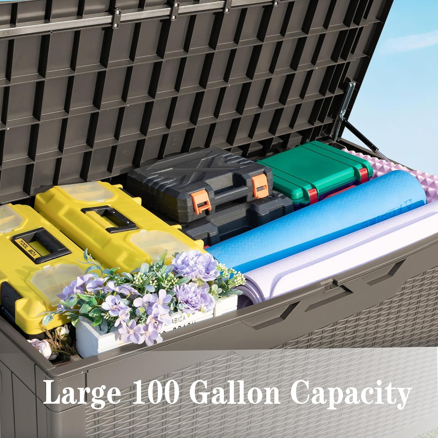 Greesum 100 Gallon Resin Deck Box Large Outdoor Storage Boxes with Cushions for Garden Tools, Patio Furniture Pillows, Pool Supplies, Light Coffee