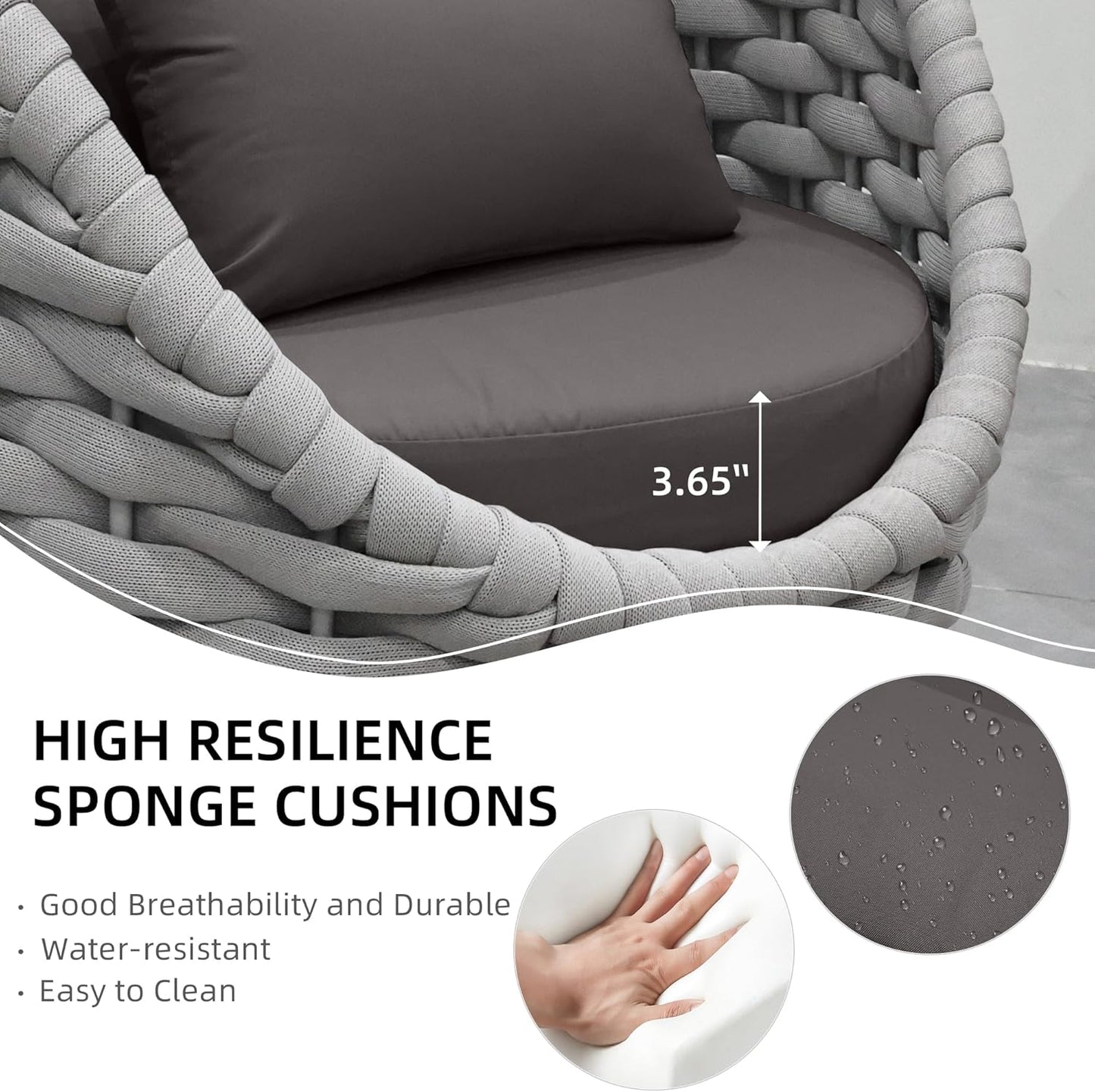 TWT 2 Pieces Patio Furniture Aluminum Armchair, All-Weather Teslin Rope Outdoor Single Sofa, Metal Outdoor Chair with Dark Grey Cushions