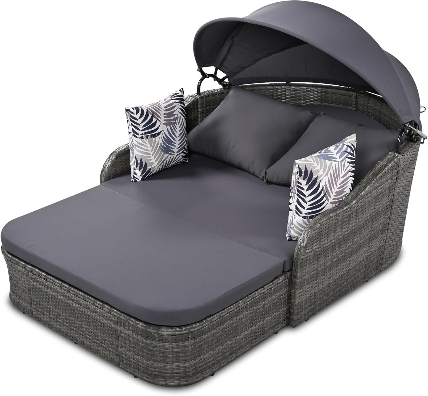 79.9" Outdoor Daybed with Retractable Canopy, PE Rattan Wicker Patio Daybed, 2-Seater Loveseat Lounge Bed Conversation Daybed, Gray Wicker Cushion