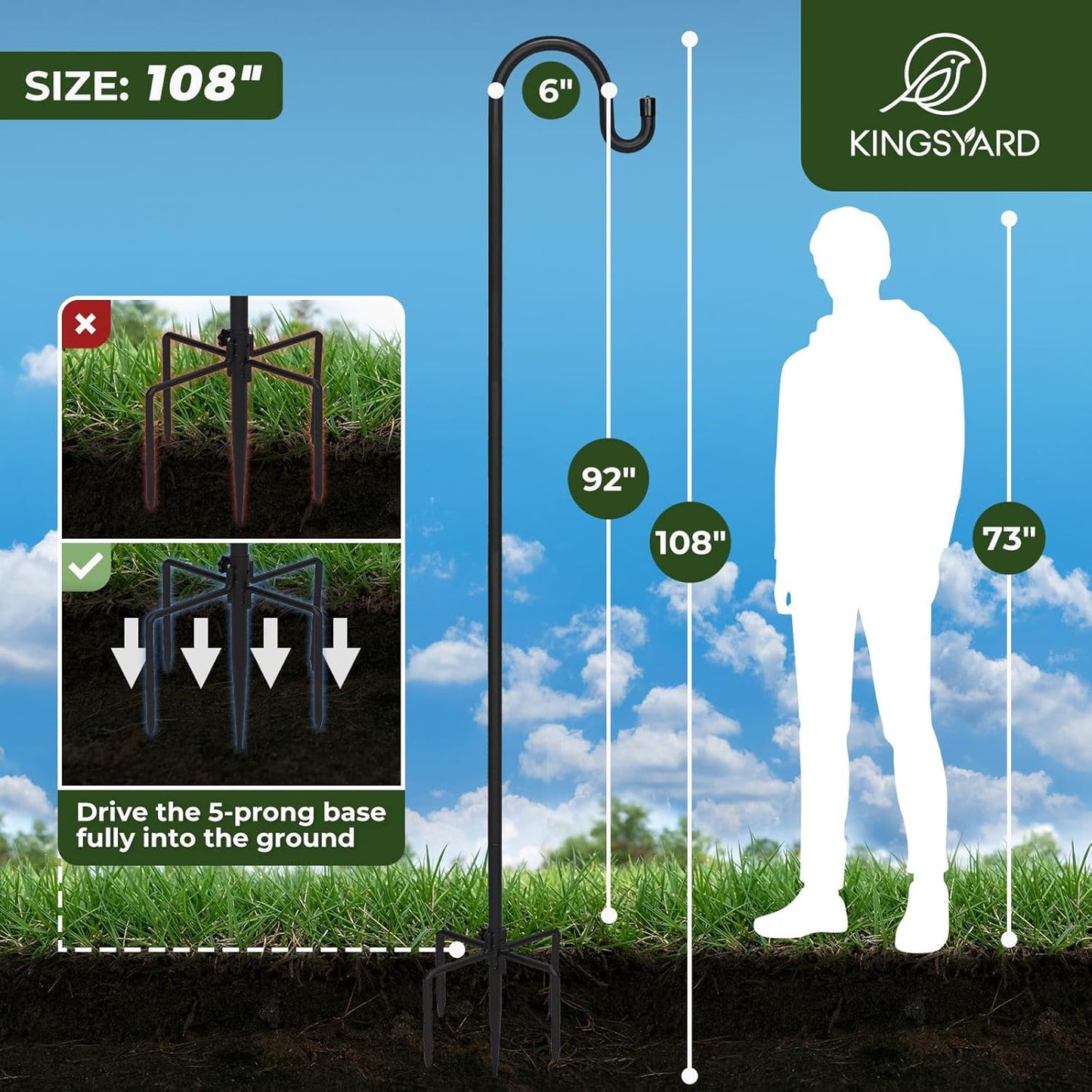 Kingsyard Adjustable Shepherd Hooks for Outdoor - 76 INCH Heavy Duty Bird Feeder Pole with 5 Prong Base, Hummingbird Feeder Stand, Garden Plant Baskets, Weddings Decor, Solar Light Lanterns