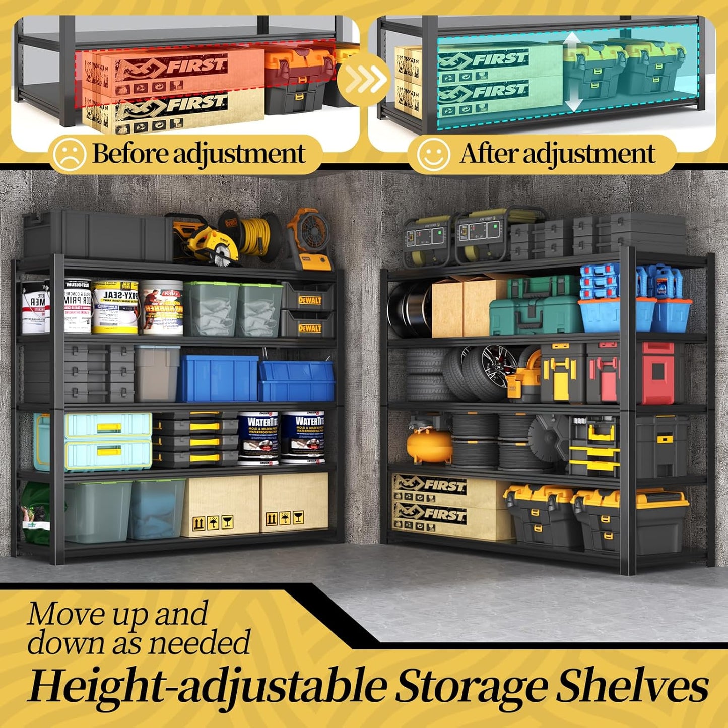 47.8" W Heavy Duty Garage Shelving 3000LBS Storage Shelves, Adjustable 5-Tier Storage Rack, Metal Shelves for Garage/Warehouse/Basement, 47.8" W x 19.8" D x 72" H, Black