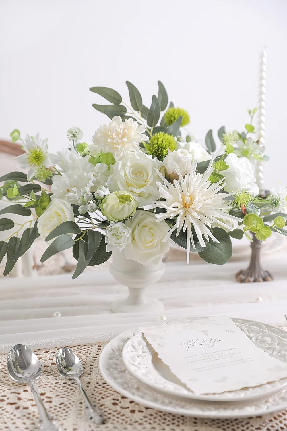 White Artificial Flower Box Set Silk Fake Flowers for DIY Centerpieces Cake Decorations, Wedding Bouquets, Boutonnieres, Home Decor (White Green)