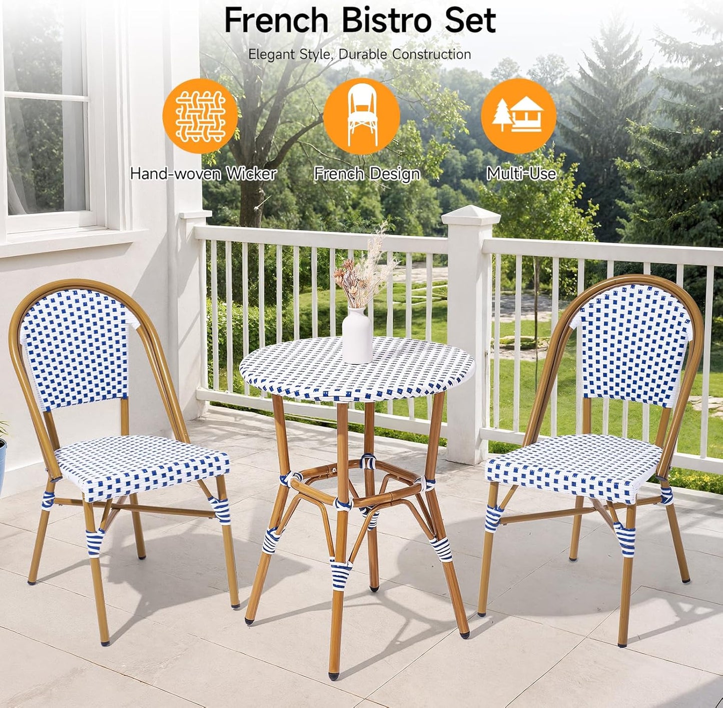 3 Piece French Wicker Bistro Set, Patio Bistro Set with Table and 2 Dining Chairs, All Weather ‎Outdoor ‎Bistro Set with Aluminum Frame, Outdoor Patio Set for Patio Porch Cafes Yard, Navy and White