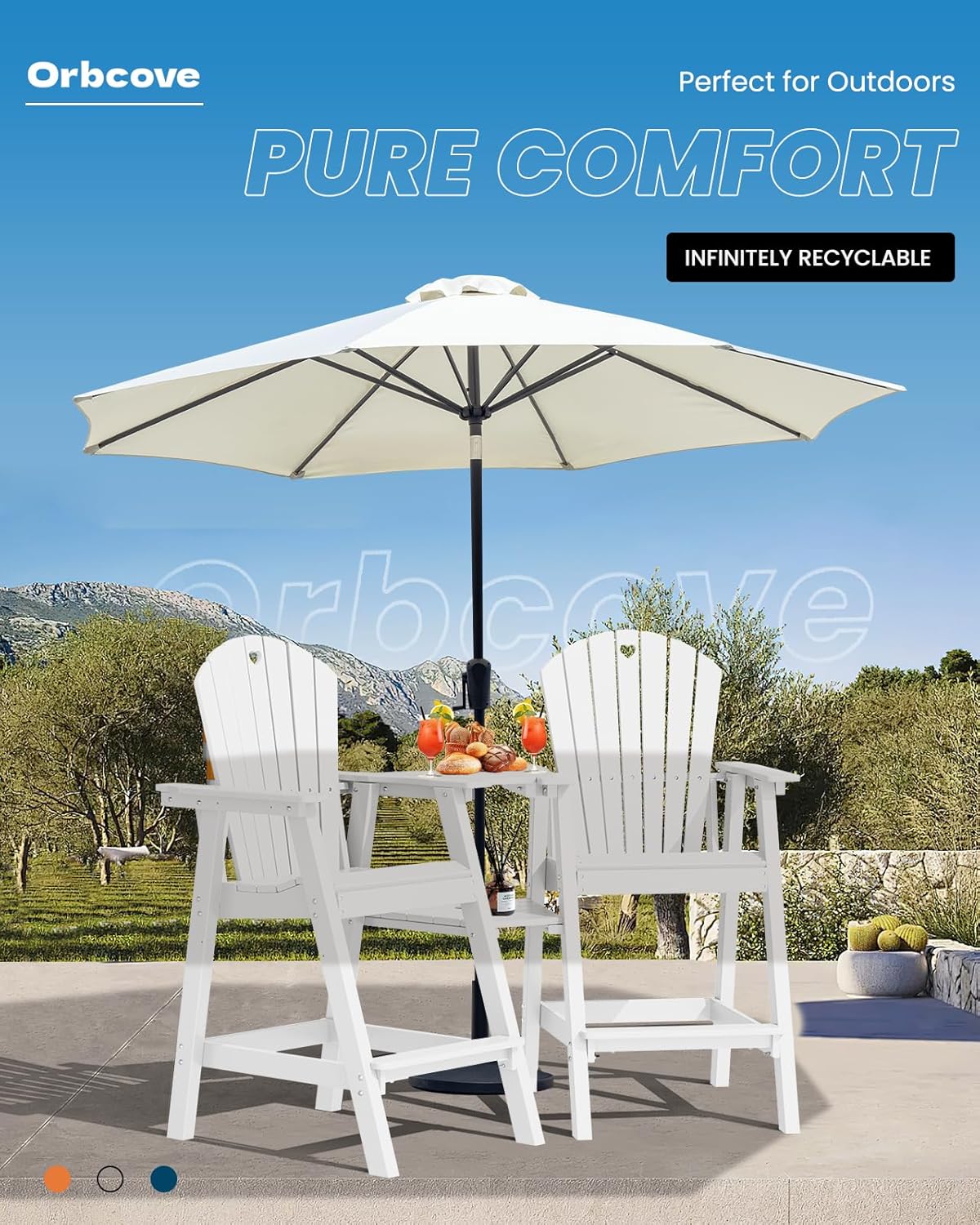 Tall Adirondack Chairs Set of 2-Durable HDPE Outdoor Bar Stools with Double Connecting Tray, Weatherproof Patio Furniture for Poolside, Backyard, Deck & Lawn Relaxation (White)