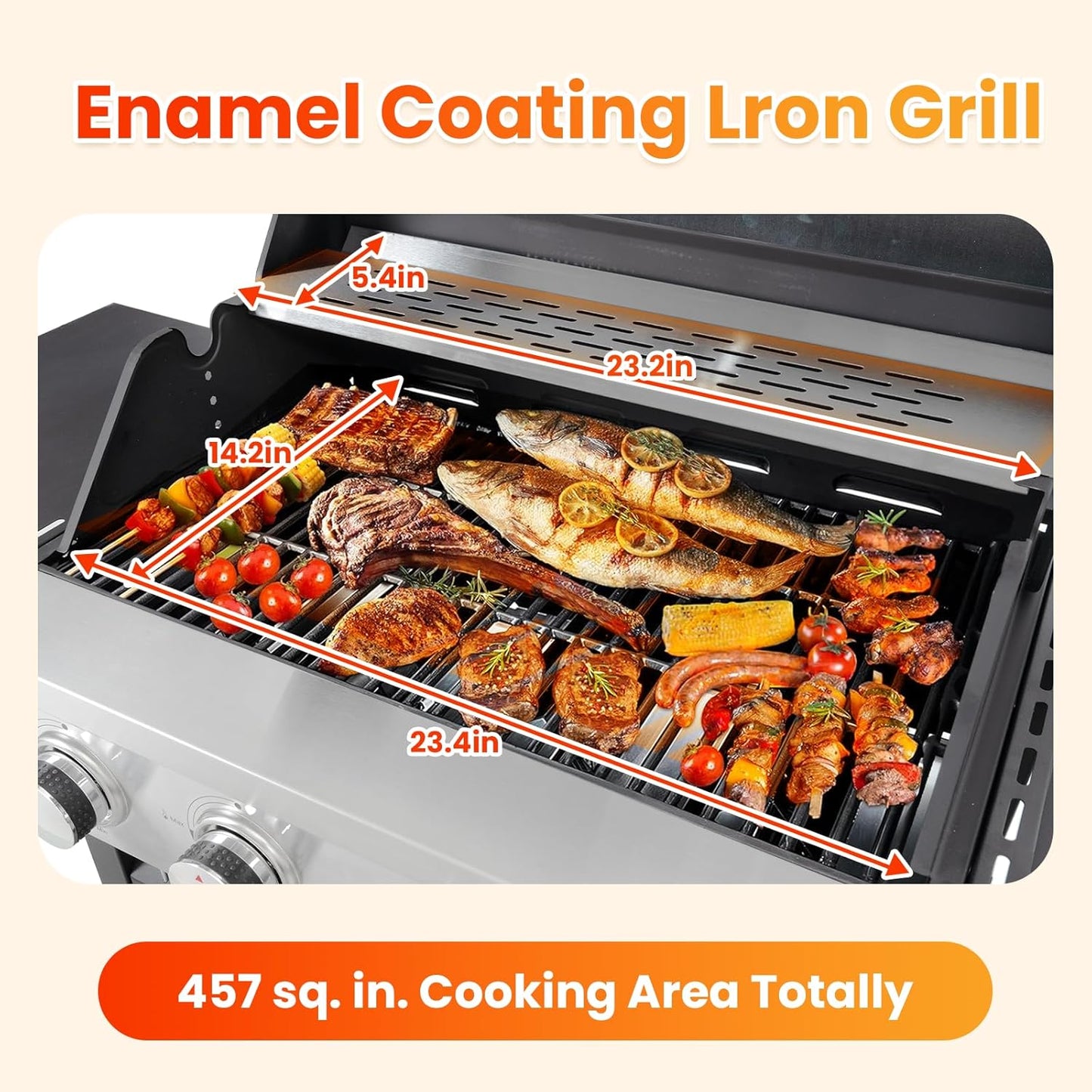 4-Burner Propane Gas BBQ Grill with Side Burner, Porcelain-Enameled Cast Iron Grates and Side Tables, 46,500 BTU Stainless Steel Grill for Outdoor Camping Barbecue Grilling Backyard Cooking