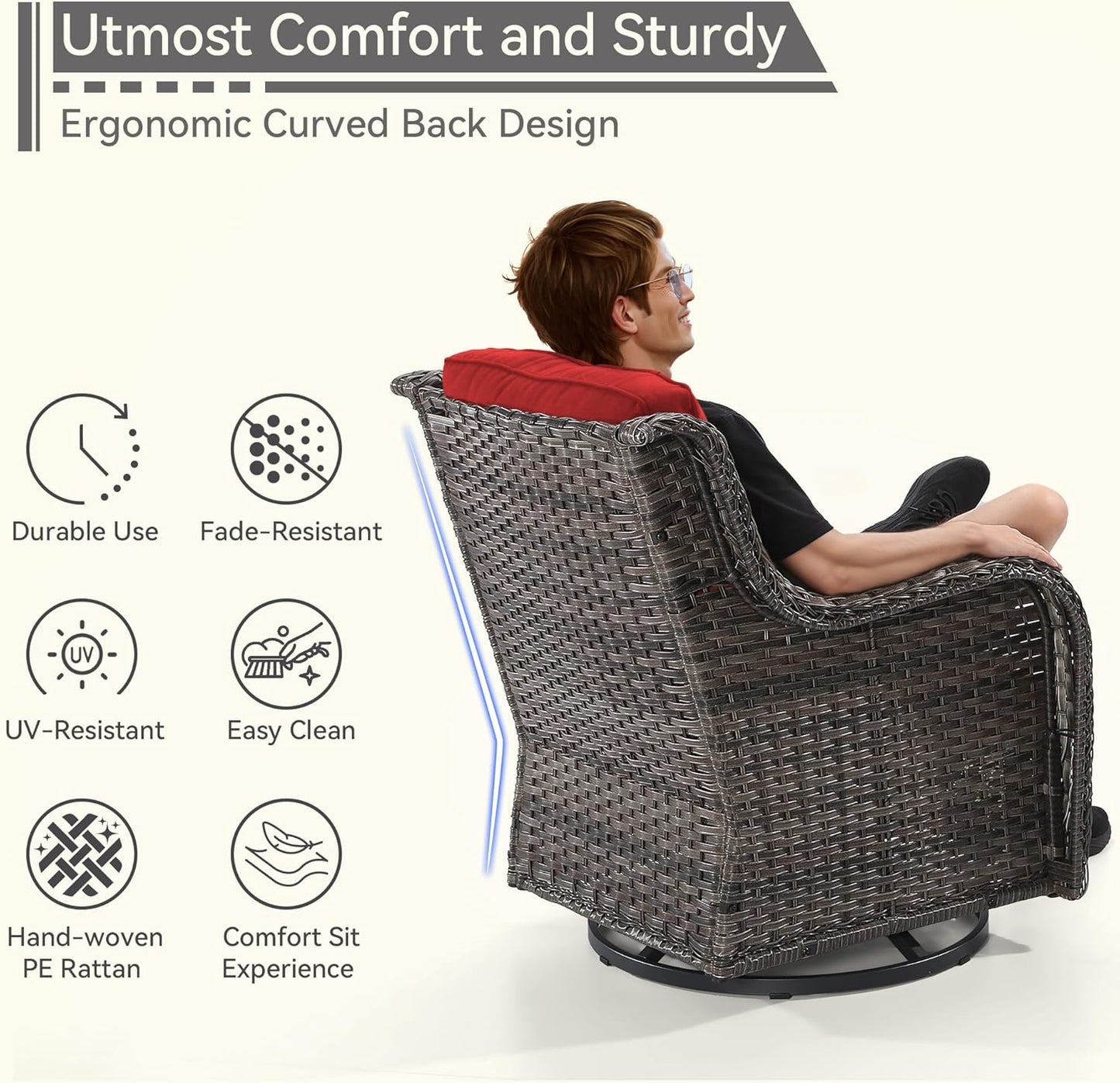 2 Pieces Outdoor Swivel Rocker Patio Chairs Set - Outdoor Wicker Patio Conversation Sets with 1 Side Table, Olefin Fabric Cushions Suitable for Backyard Deck and Porch,Red