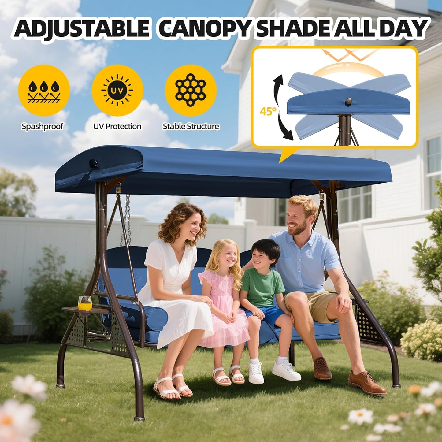 3-seat Patio Swing with Canopy,Convertible Outdoor Swing Bed with Thick Cushions, Pillows & Cup Holders, 3-Seat Outdoor Swings Chair for Backyard, Garden, Deck(Blue)