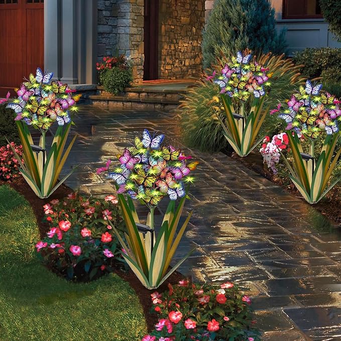 Solar Metal Agave Butterfly Flower Stick Garden Sculpture Outdoor Gift Solar Garden Christmas Lights Swaying Butterfly Garden Lights Solar Outdoor (2 PCS Light Green)