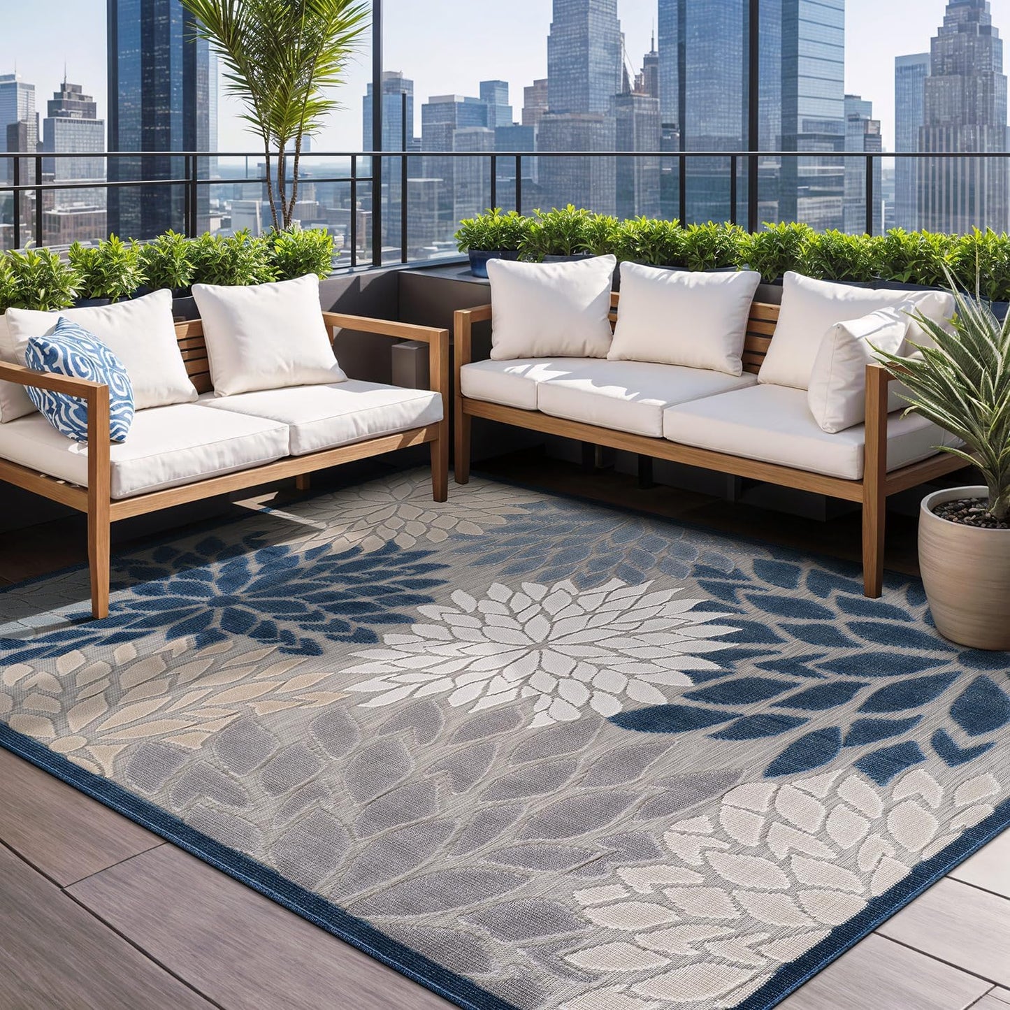 Beverly Rug Outdoor Rug 6x9 Modern Floral Tropical Area Rugs for Indoor and Outdoor Patio Easy to Clean Non Shedding Living Room Porch Garden Washable Outside Carpet (6 x 9 Blue)