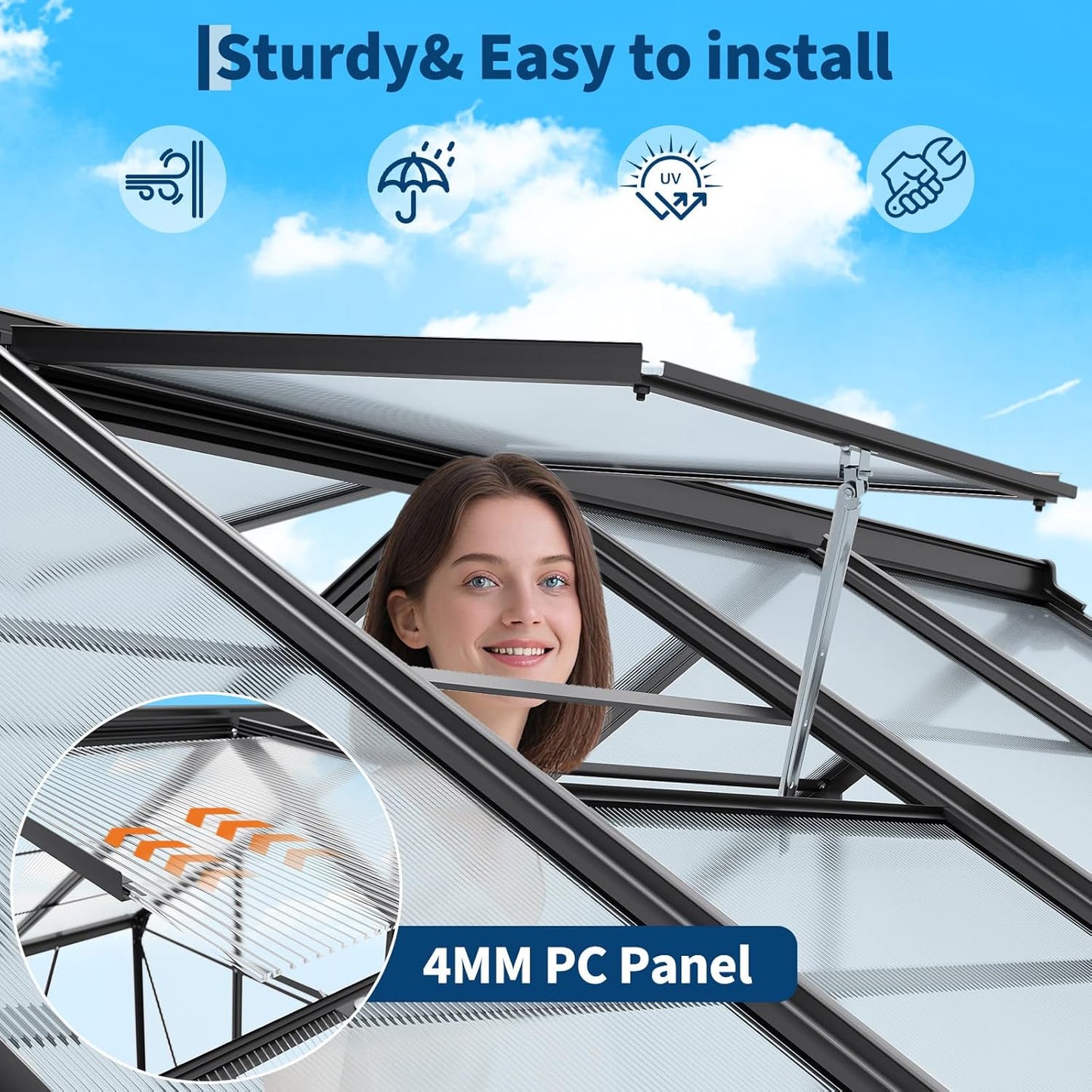 6x10FT Polycarbonate Greenhouse - Walk-in Outdoor Aluminum Frame Greenhouse with Roof Vent, Lockable Push Door for Garden, Backyard, Patio & Lawn(Black)