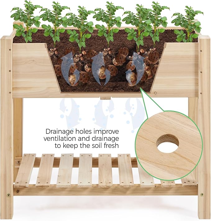 Yaheetech 34x18x30in Raised Garden Bed, Planter Box with Legs & Storage Shelf, Wooden Elevated Vegetable Growing Bed for Backyard, Patio, Balcony
