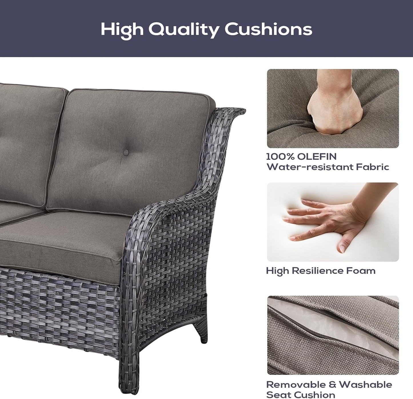 Outdoor Furniture Sectional Sofa L Shaped Couch - Patio Wicker Set with 2 Swivel Glider Chairs, 5 Piece Rattan Patio Conversation Sets with Gray Cushion for Deck Backyard Sunroom