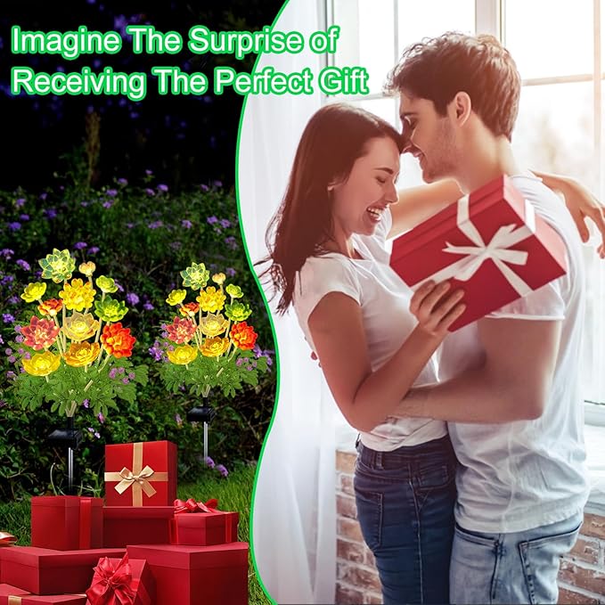 Kohlrabi Solar Garden Lights Outdoor, 2 Pack Upgraded Succulent Solar Lights, Mothers Day Gifts for Woman Mom Grandmom, Succulent Plant Yard Decor Waterproof for Lawn Patio Pathway