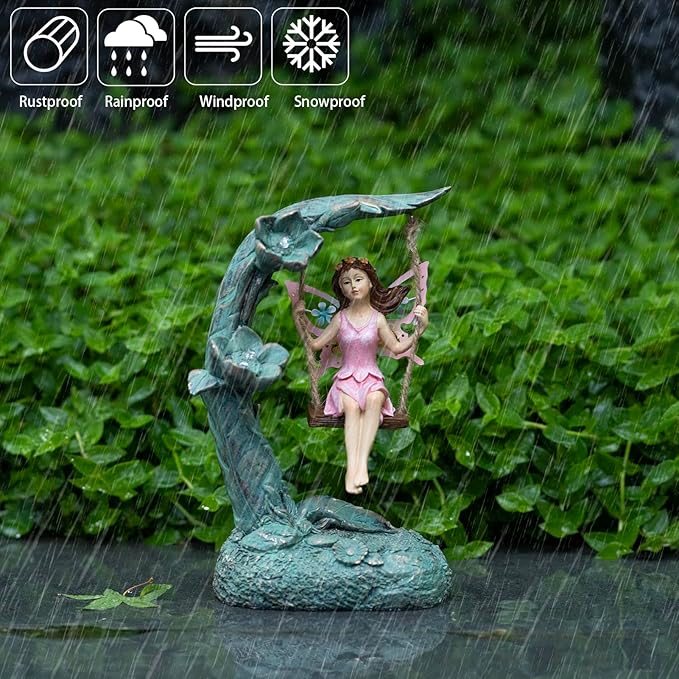 Garden Flower Fairy Outdoor Statue, Patio Lawn Yard Porch Decor, Funny Swing Ornaments, 9.05 Inches Tall