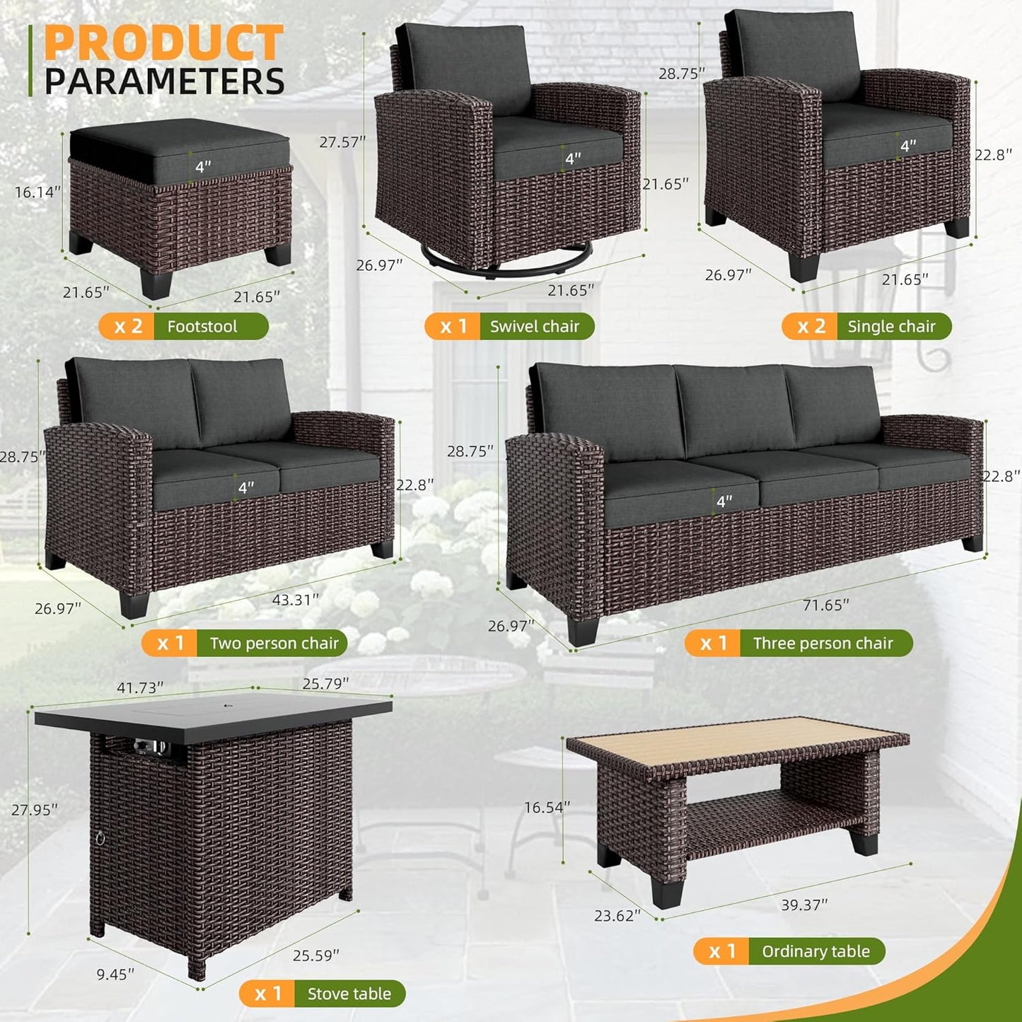 Outdoor Patio Sectional Sofa Set, 7-Piece Rattan Furniture, Patio Conversation Sets with 2 Ottomans Cushions, Seats 5, Dark Grey