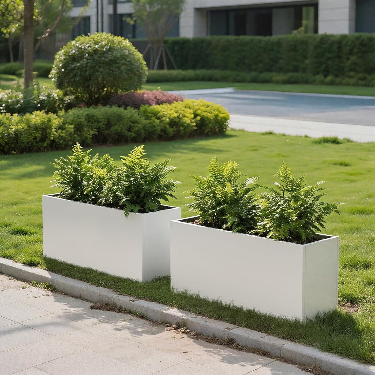 Galvanized Steel Garden Planter - White Matt Galvanized Metal Planter Box - Modern Metallic Heavy Planter - Indoor & Outdoor, Commercial & Residential (White, L36 x W12 x D16)