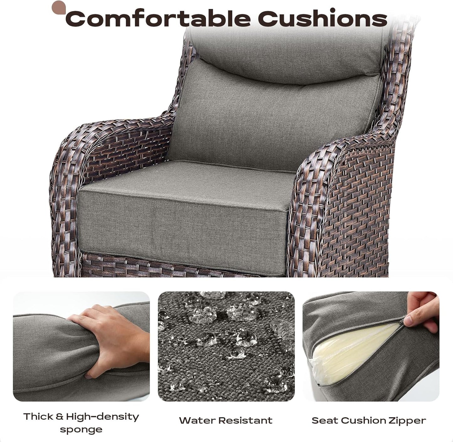 Outdoor Patio Swivel Rocker Chairs Set of 2, Waterproof Wicker, High Back, Deep Seating, Wide Armrest, Upgraded 6 inch Thick Cushions, Ideal for Deck Porch Backyard, Brown/Grey