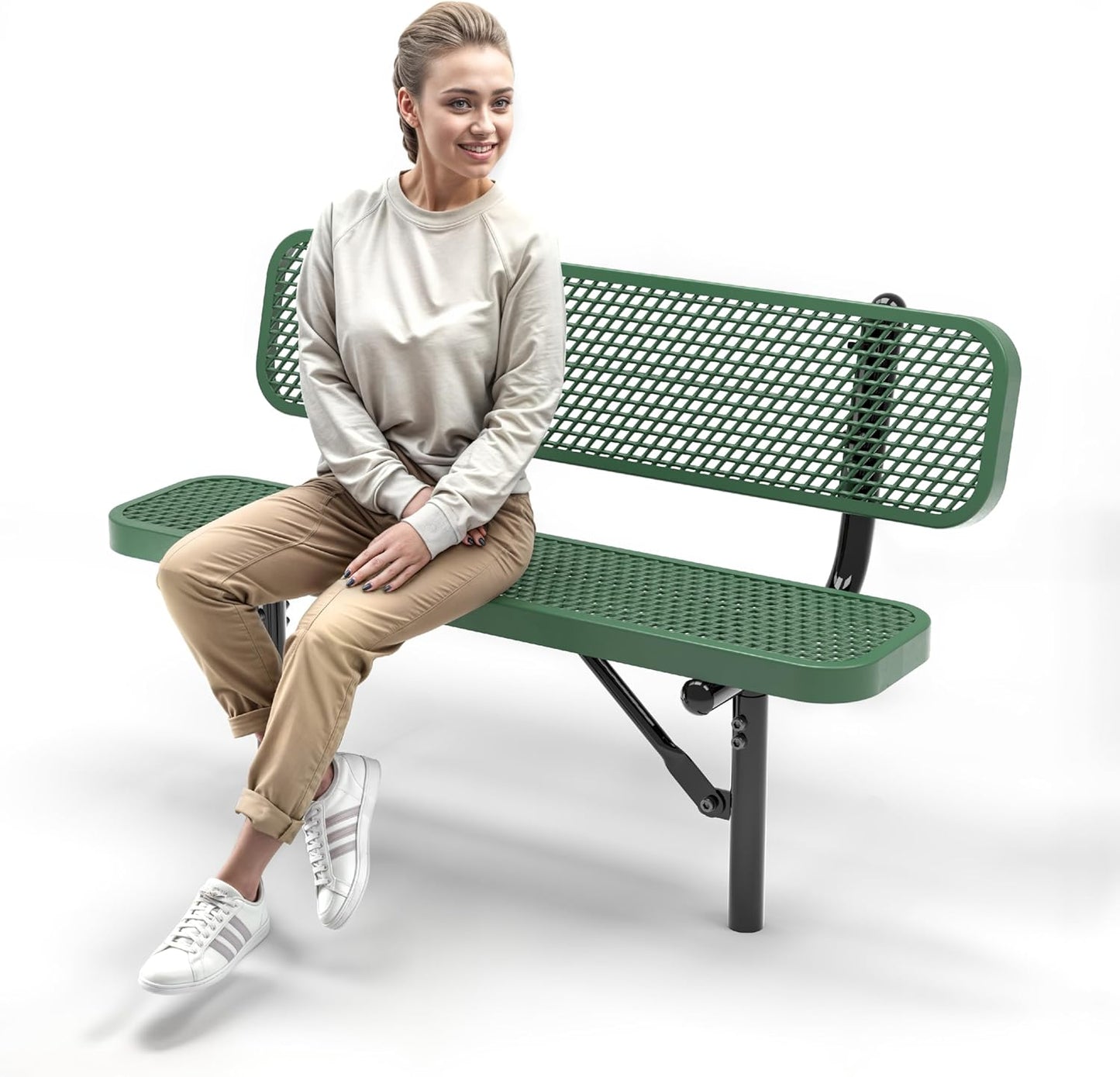 Heavy-Duty Outdoor Metal Bench, Thermoplastic-Coated, Inground, Weatherproof, Commercial-Grade for Parks, Gardens, Patios, Stores & More (4 Ft - Inground with Back, Green)