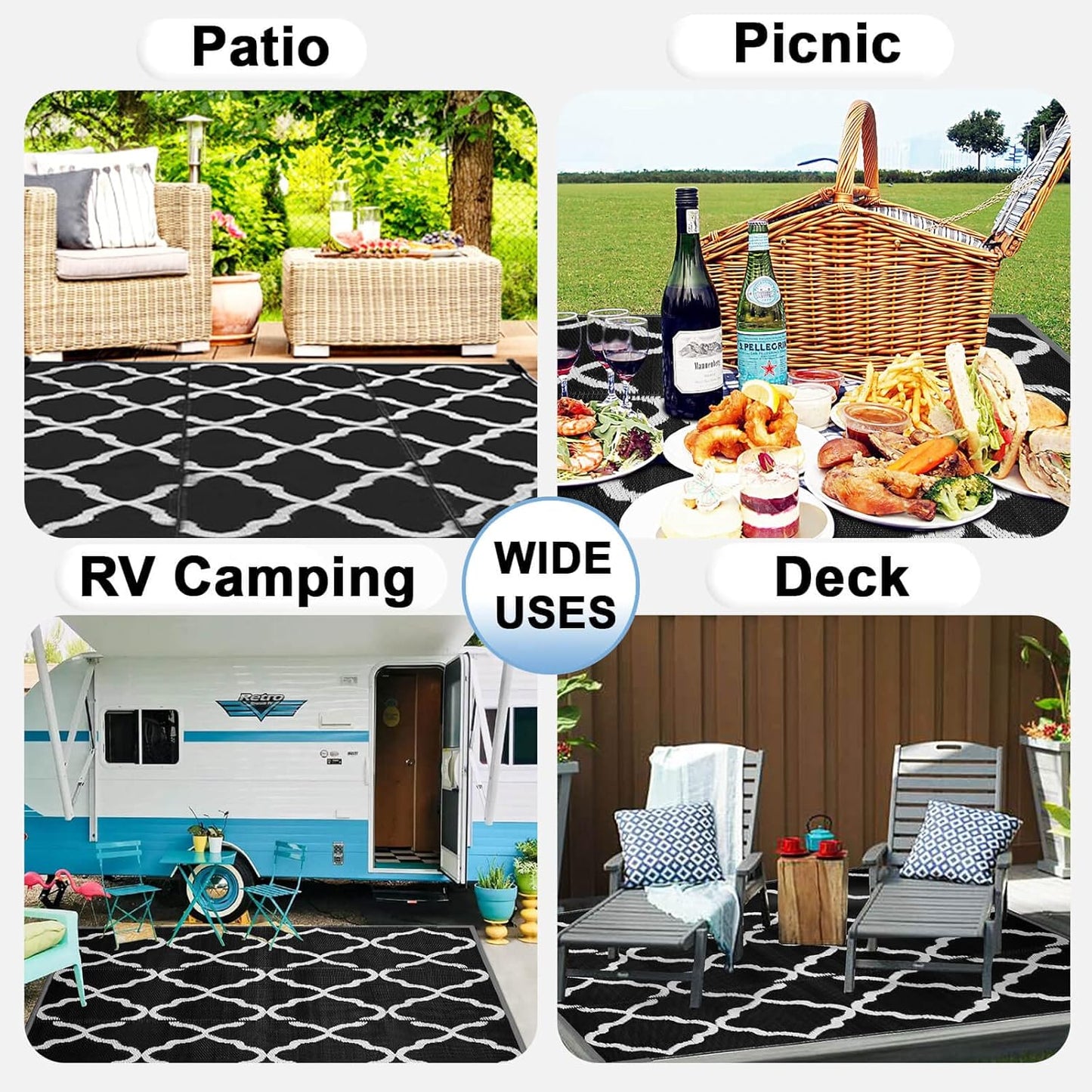 OutdoorLines Outdoor Plastic Area Rugs for Patio 6x9 ft - Reversible Outside Carpet, Stain & UV Resistant RV Mats, Straw Rug for Camping, Deck Garden, Porch and Balcony, Moroccan Black & Light Grey