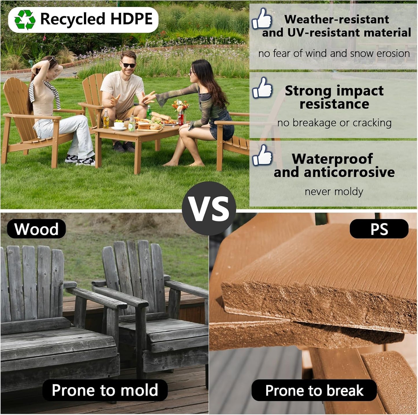 Stackable Adirondack Chair, HDPE Outdoor Patio Chair - Durable and Space Saving, Suitable for Porches, Lawns or Garden, Teak