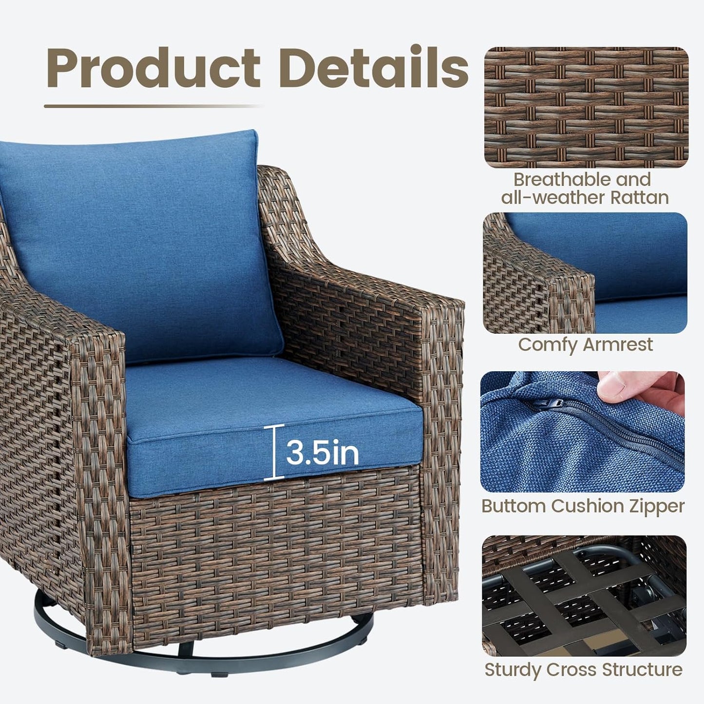 Outdoor Patio Wicker Swivel Chairs - Set of 2 Outside Resin Rattan Rocker Glider Gliding Chair Rocking Armchairs for Front Porch Balcony Backyard Yard Deck Poolside Apartment – Brown/Blue
