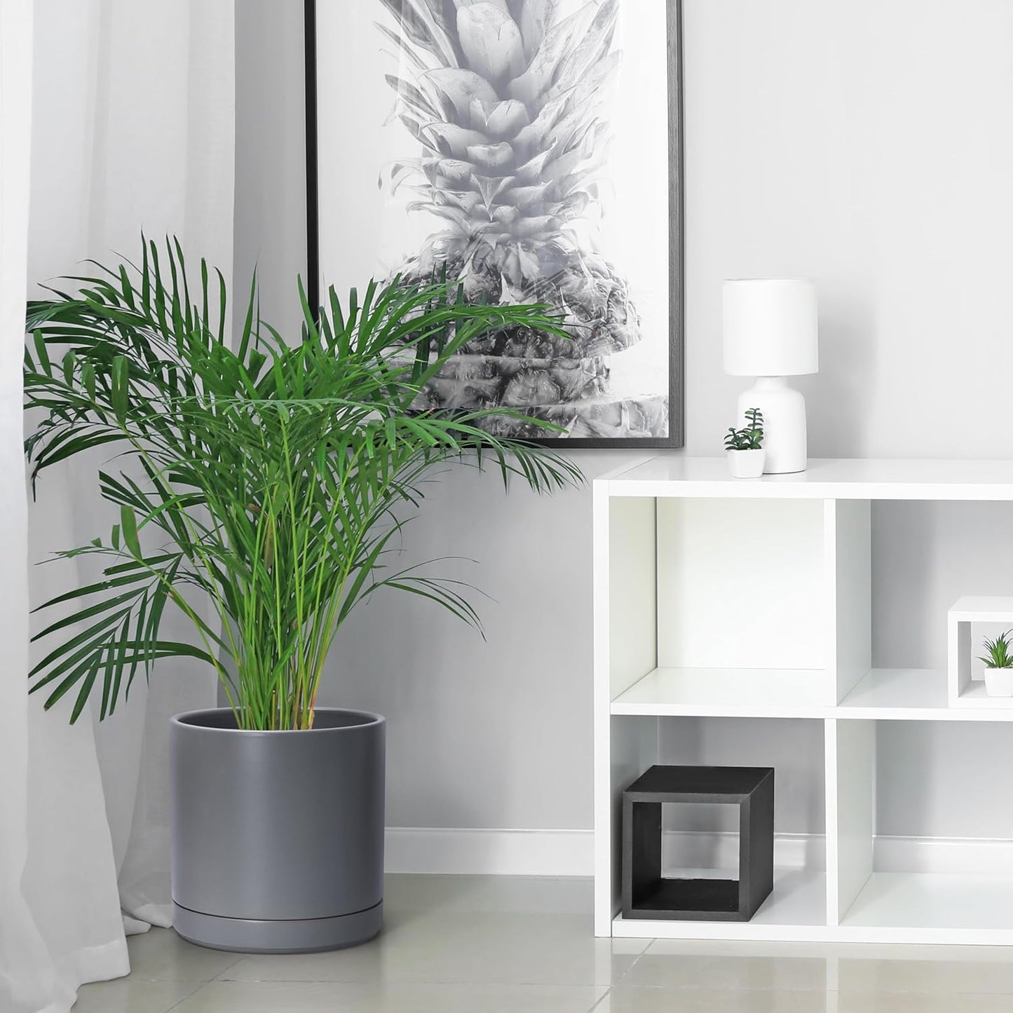 D'vine Dev 6 Inch & 8 Inch & 10 Inch, Set of 3 Round Ceramic Planter Pot with Drainage Hole and Saucer, Grey, 94-T-L-3