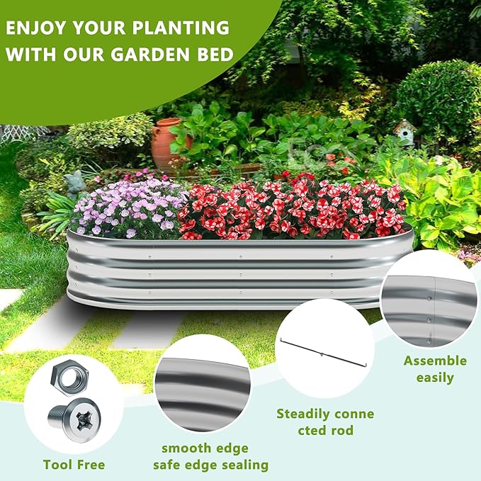 zizin Galvanized Raised Garden Bed Metal Oval Raised Garden Beds Outdoor Planter Box for Vegetables (12x2x1.3FT, Silver)