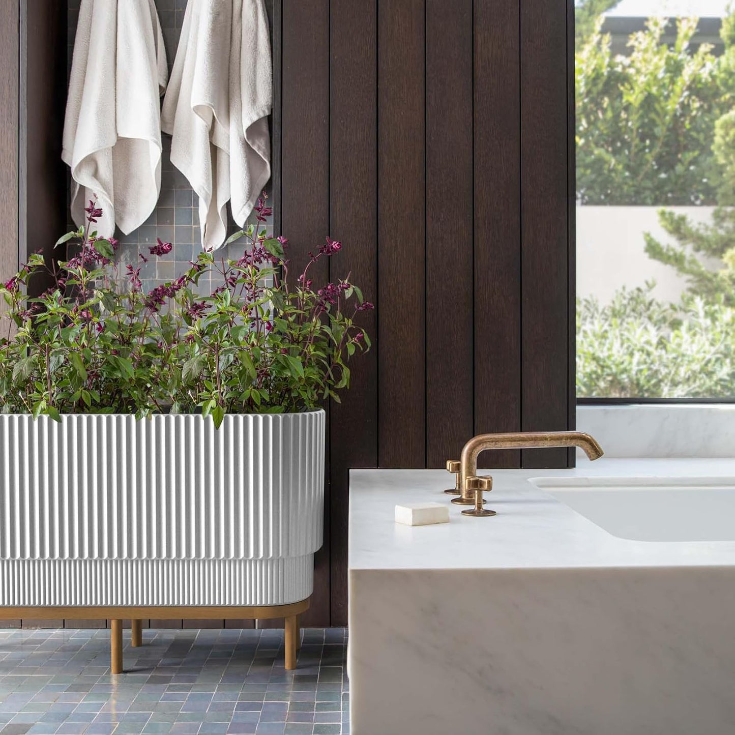 Veradek Demi Series Raised Long Planter for Indoor/Outdoor Use | Made from Plastic & Stone w/Wooden Stand | Modern Patio Décor for Flowers/Shrubs