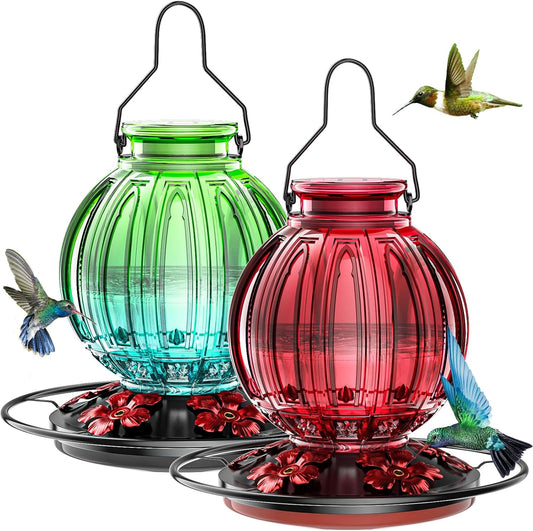 2 Pack Glass Hummingbird Feeder for Outdoors Hanging, Bird Nectar Feeder with Perch & 5 Flower Feeding Ports, 26 Oz Leak Proof for Outside Garden Decor Backyard, Gifts for Women Mom, Red & Green Blue