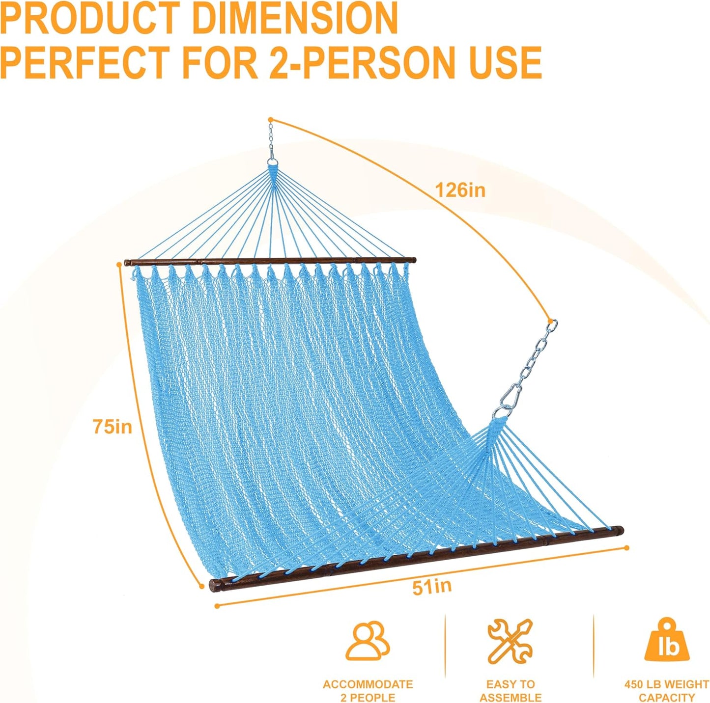 Lazy Daze Hammocks 10.5 FT Double 2 Person Caribbean Rope Hammock, Hand Woven Polyester Hammock with Spreader Bars, for Outside Outdoor Backyard Patio Poolside,450 LBS Capacity,SkyBlue