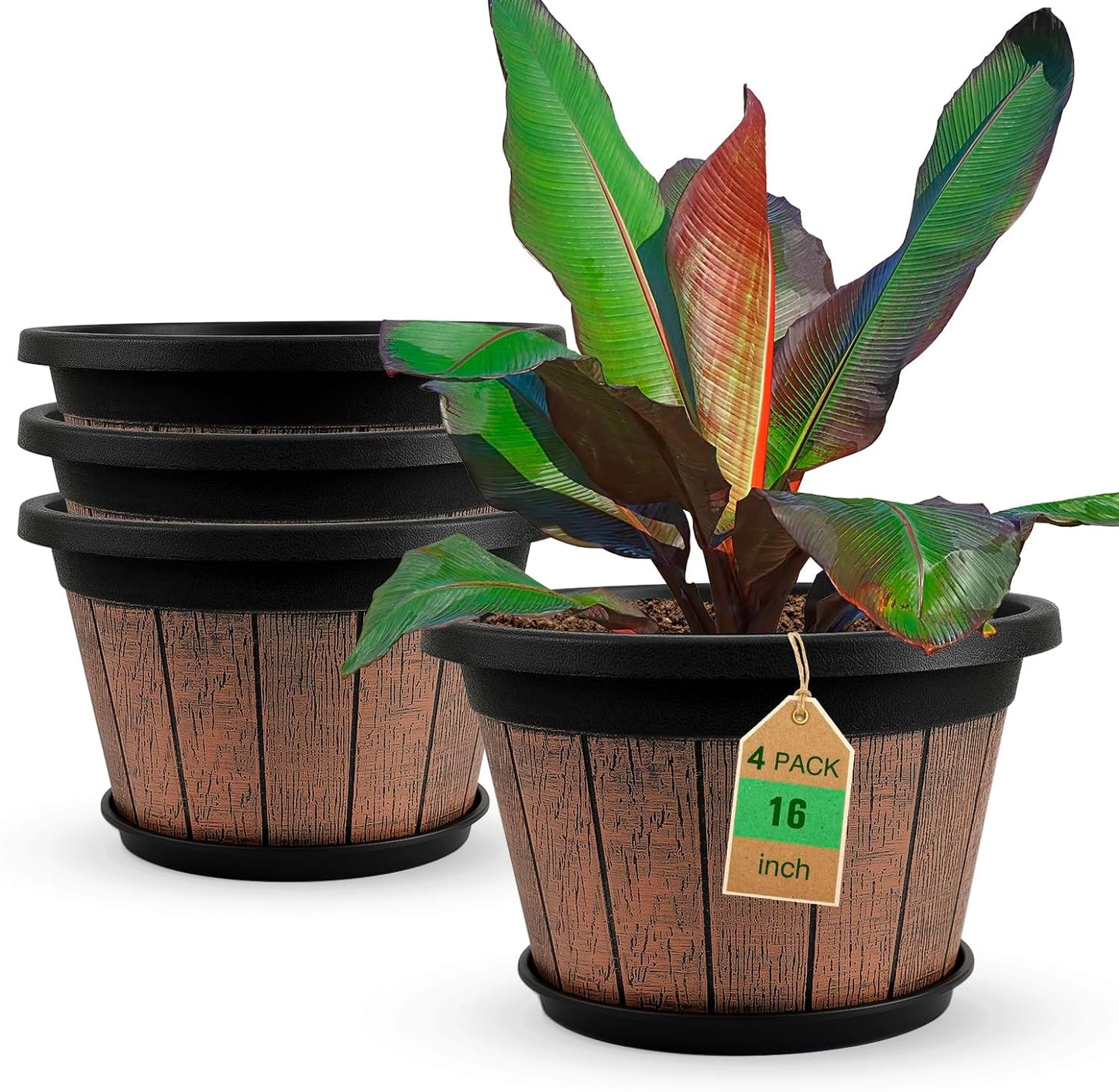 Quarut Large 4 Pack 16 inch Plant Pots,Whiskey Barrel Planters with Drainage Holes & Saucer,Plastic Decoration Flower Pots Retro Design,Planters for Outdoor Indoor Garden Balcony Plants (Brown)