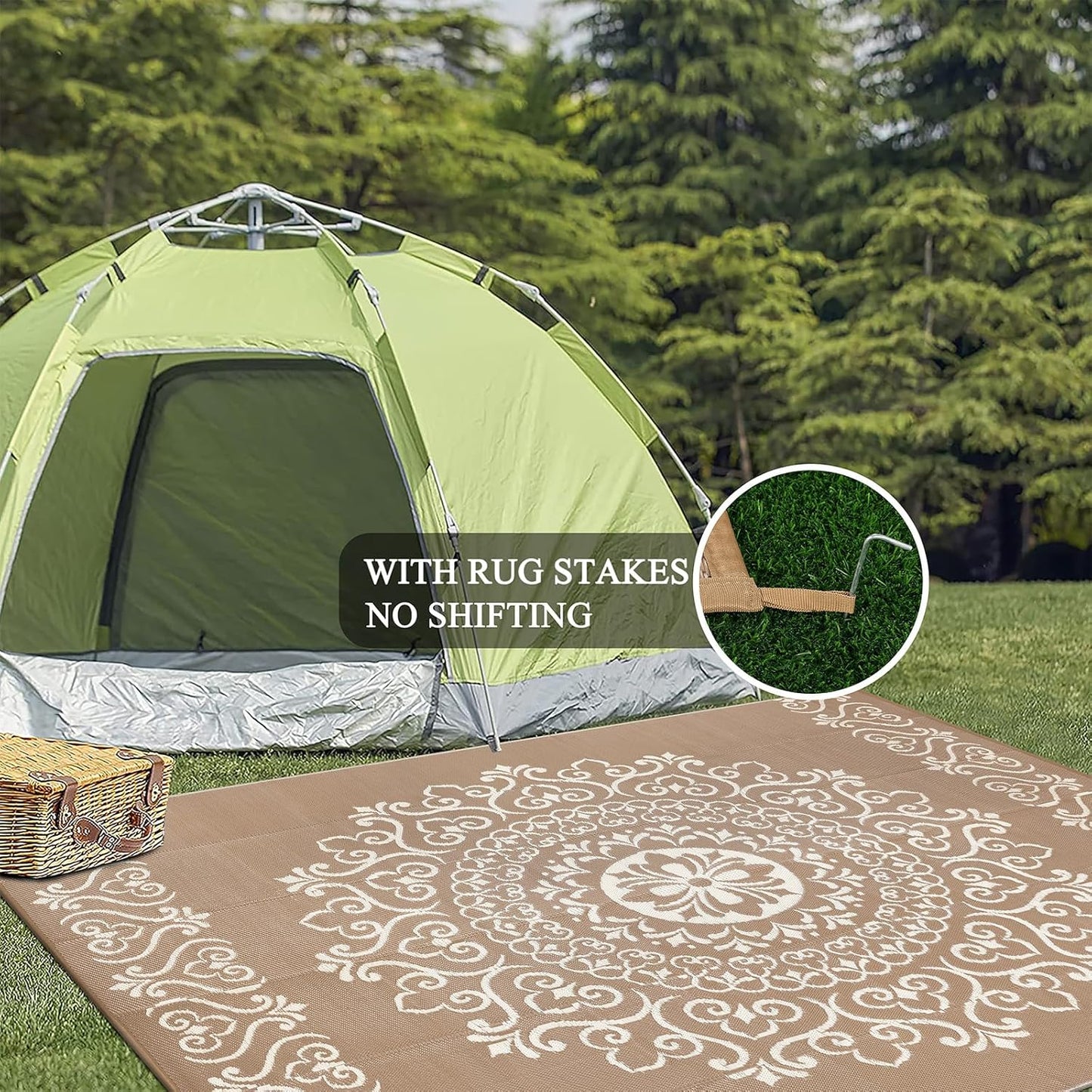 Pauwer Waterproof Outdoor Rug 9x12, Reversible Plastic Straw Patio Camping Rug, Indoor Outdoor RV Mat Carpet for Deck, Camper, Porch, Balcony, Backyard, Picnic, Floral Brown