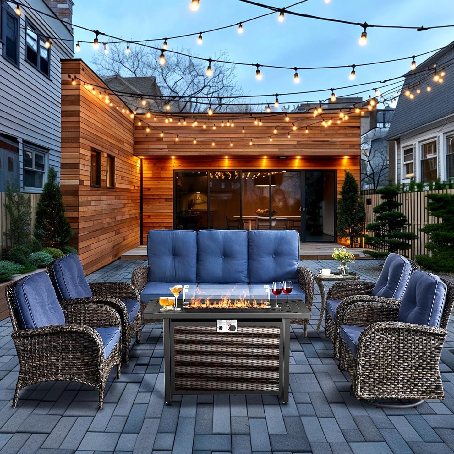 HUMMUH 7 Piece Patio Furniture Set with Fire Pit Table,Wicker Patio Swivel Rocker Outdoor Chairs 3-Seat Sofa for Porch,Poolside,Deck