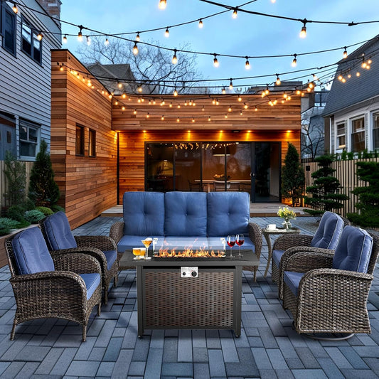 HUMMUH 7 Piece Patio Furniture Set with Fire Pit Table,Wicker Patio Swivel Rocker Outdoor Chairs 3-Seat Sofa for Porch,Poolside,Deck