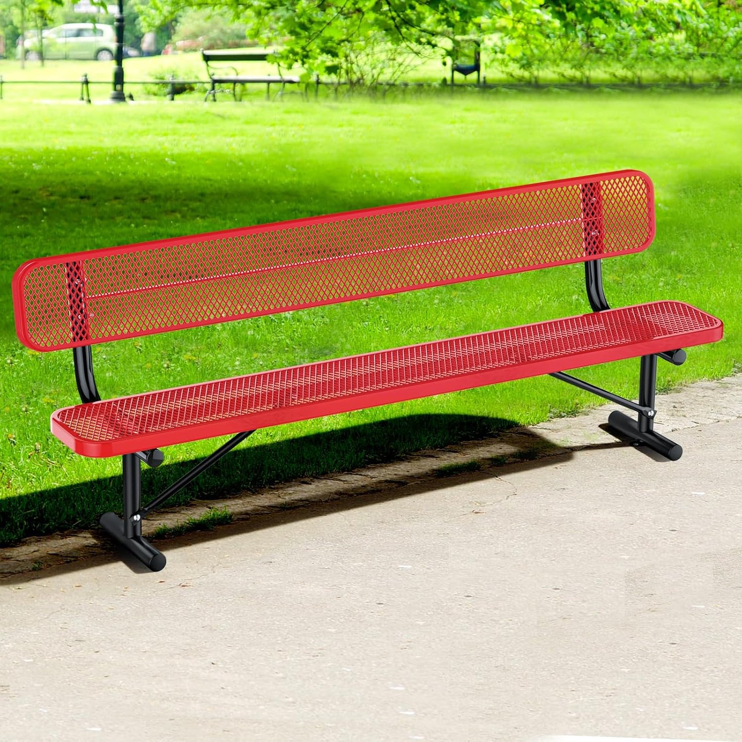 8Ft Heavy Duty Park Bench with Back Portable Frame, Outdoor Steel Bench with Backrest, Expanded Metal Mesh Bench for Lawn, Park, Deck, Garden, Patio, Porch, Red
