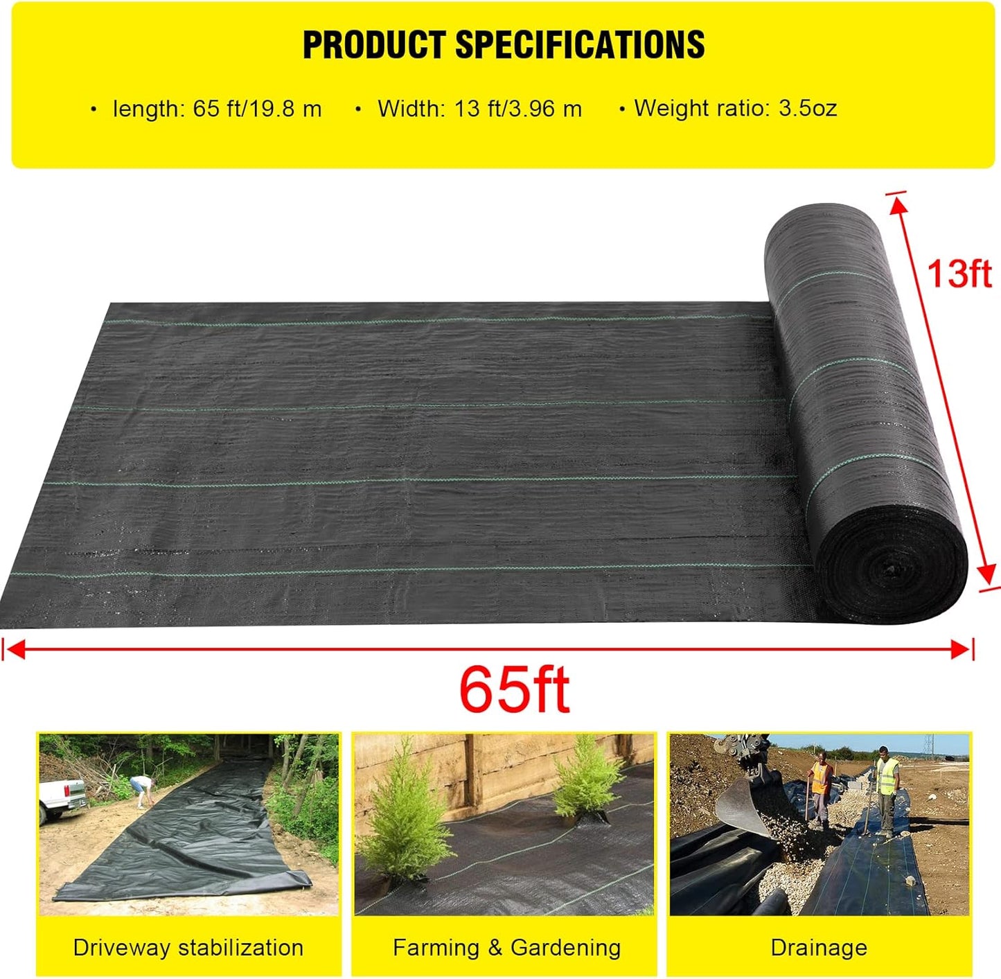 Doniks 13x65ft Driveway Fabric,3.5OZ Commercial Heavy Duty Weed Barrier Fabric, Garden Landscape Fabric,French Drain Fabric for Erosion Control,Landscape Fabric,Weed Barrier,Construction Projects